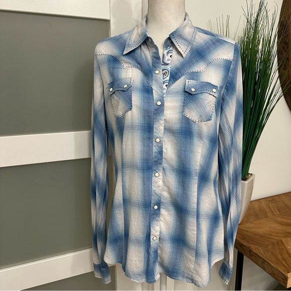 Roper Western Plaid Snap Button Shirt Blue White SZ Large Rodeo Cowgirl EUC - Picture 1 of 10